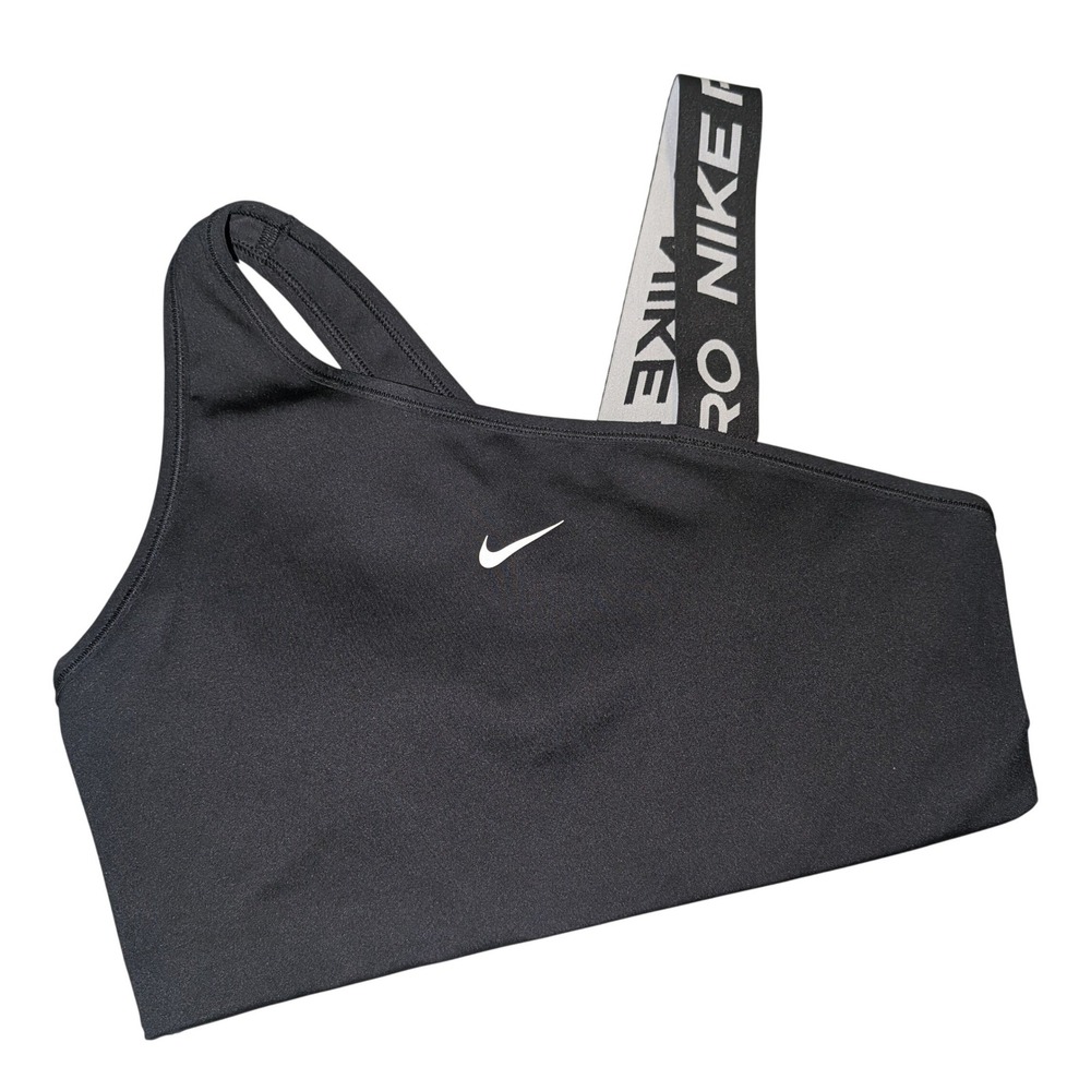 Nike Pro Dri-FIT Swoosh Asymmetrical Sports Bra Black White Logo Strap Medium